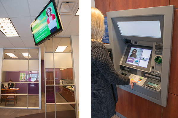 Credit union branch with digital retail communications and ITM machines.